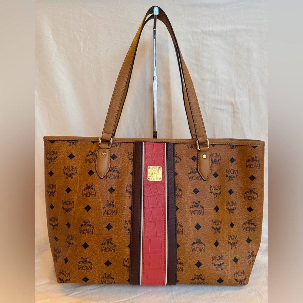 💯Guaranteed Authentic MCM Tan and Red Tote Bag